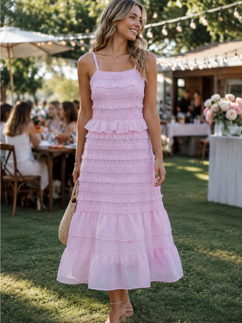 Just Me Pink Ruffled Maxi Dress with Spaghetti Straps